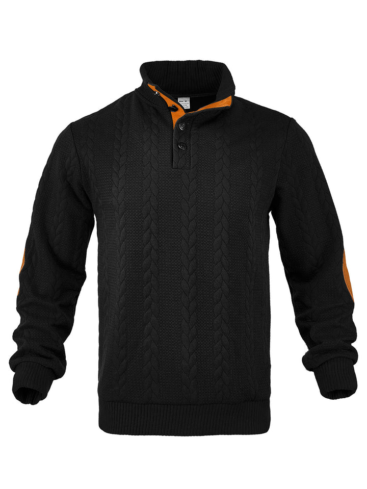 Men's Cable Knit Half Button Sweater with High Stand Collar and Suede Elbow Patches StylebySassy