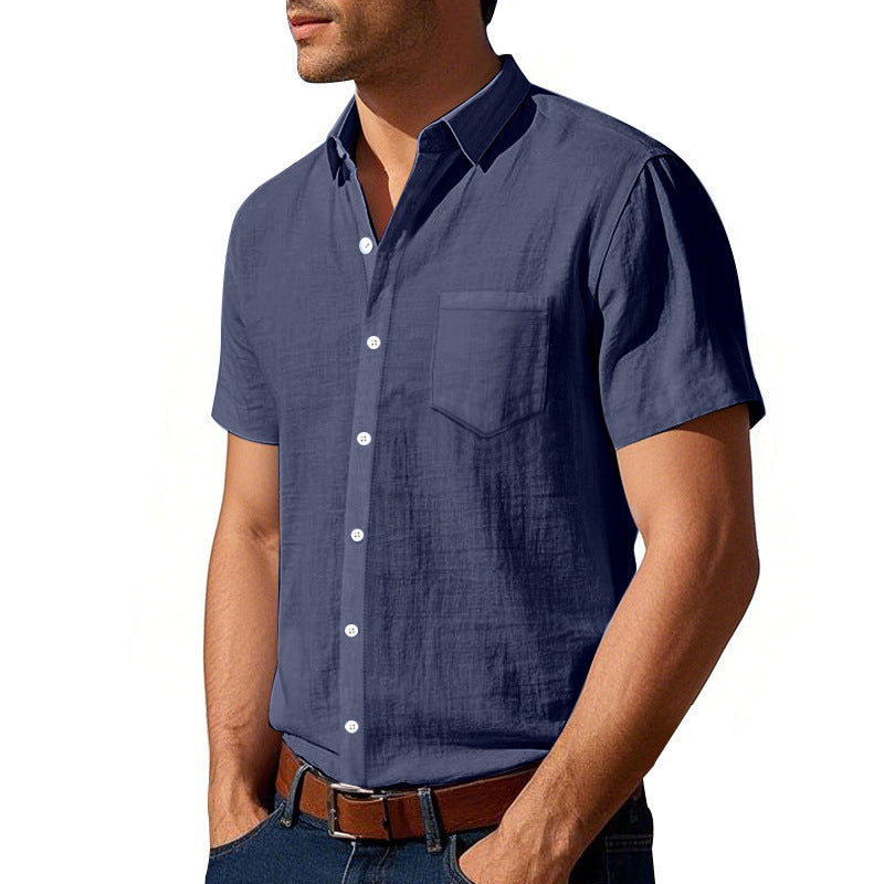 Men's short-sleeved textured shirt made of breathable slub linen with a spread collar, chest pocket, and straight hem StylebySassy