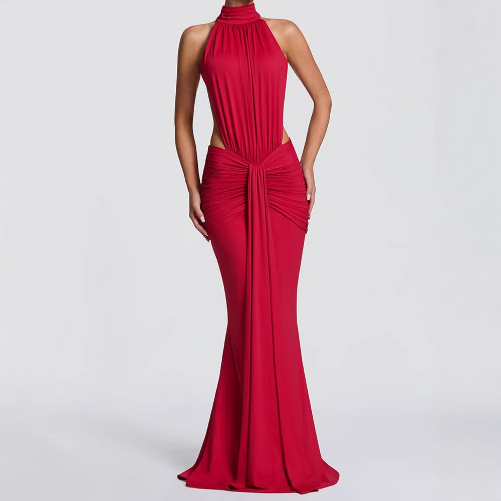 Women Elegant Maxi Dress with Draped Front and High Neck Design StylebySassy