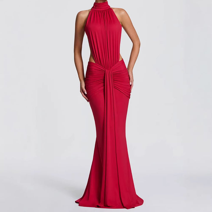 Women Elegant Maxi Dress with Draped Front and High Neck Design StylebySassy