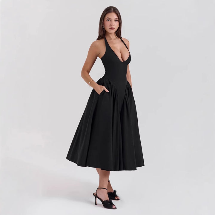 Women's figure-flattering halter bustier midi dress with tailored bodice and wide circle skirt StylebySassy