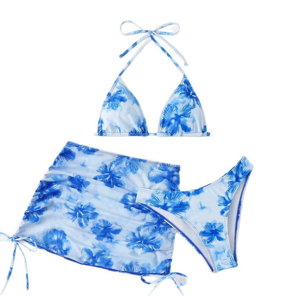 Women's Triangle Bikini Set with Adjustable Straps and Floral Wrap Skirt StylebySassy