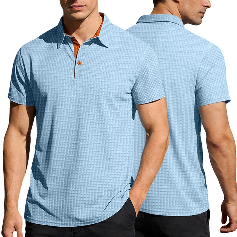 Men's finely textured polo shirt with shirt collar, contrast inner placket, and side slits StylebySassy