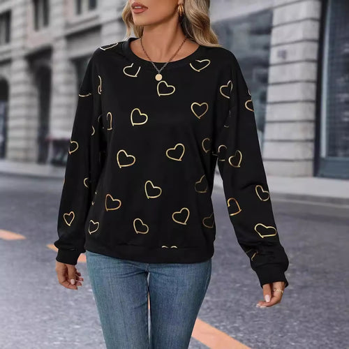 Women's loose heart print sweatshirt with round neck and ribbed cuffs StylebySassy