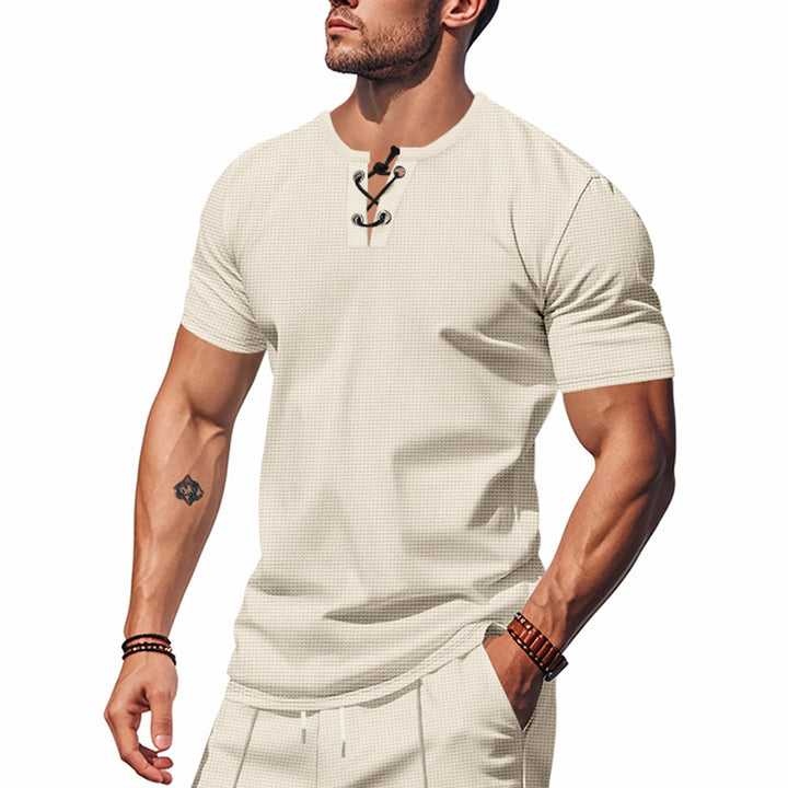 Men's short-sleeve shirt with lacing at the neckline and waffle texture StylebySassy