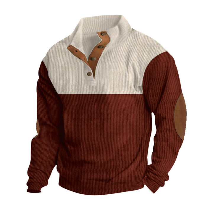 Men's ribbed Henley knit pullover with stand collar contrast yoke and elbow patches StylebySassy