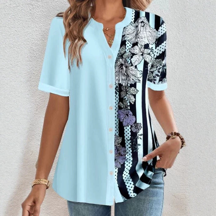 Women two-piece shirt blouse with asymmetrical pattern mix, button placket and loose hip length StylebySassy