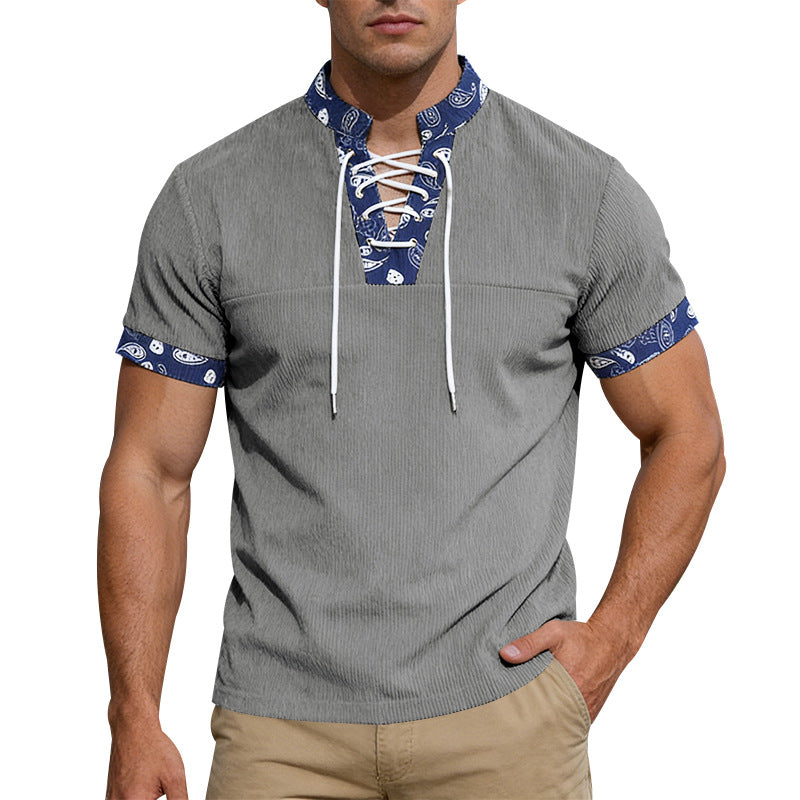Men's short sleeve laced shirt with bandana trim and structured jersey quality StylebySassy