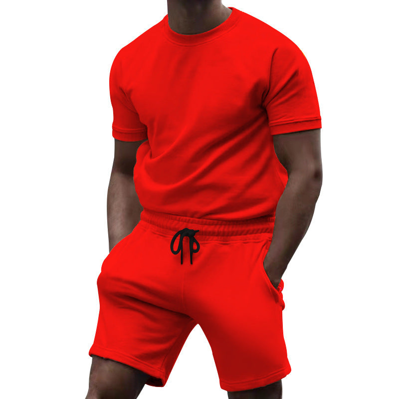 Men's short-sleeve sweat set made of soft sweatshirt fabric with a round neck shirt and drawstring shorts StylebySassy