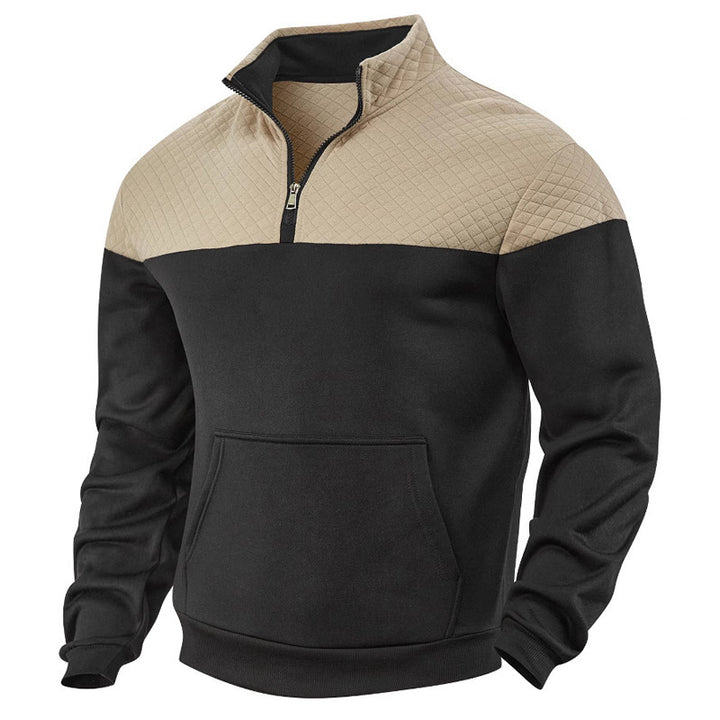 Men's quilted shoulder yoke half-zip sweater with kangaroo pocket and stand collar StylebySassy