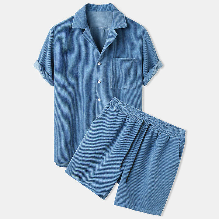 Men's short-sleeve leisure set with waffle texture, lapel collar and drawstring pants StylebySassy