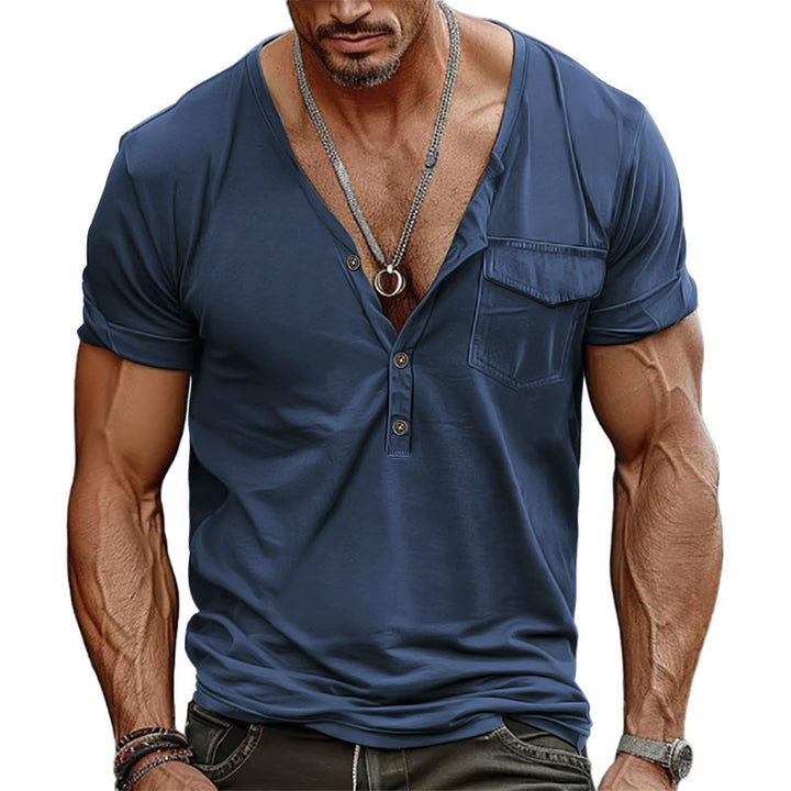 Men's nano athletic short sleeve shirt with deep V-neck, button placket and chest pocket StylebySassy