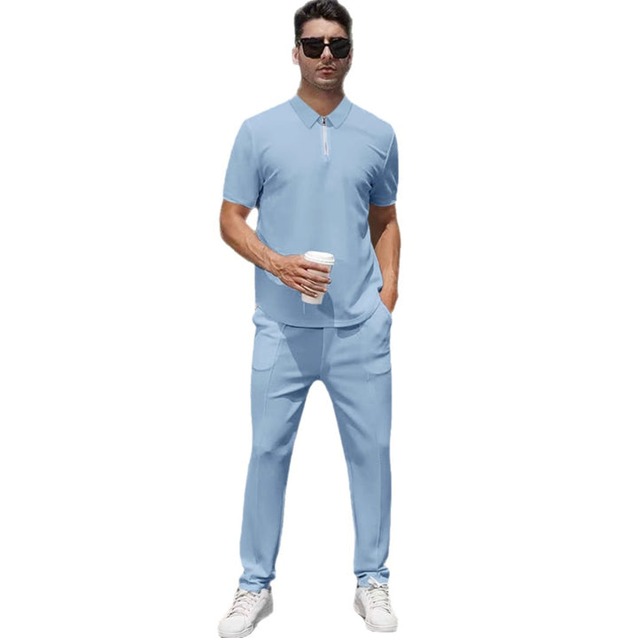 Men's urban travel polo shirt with short front zipper, elastic interlock and wrinkle-free care StylebySassy