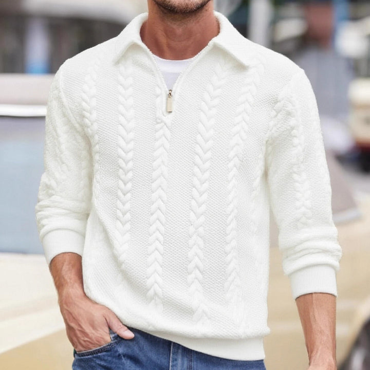 Men's half-zip pullover with kent collar, cable knit structure and ribbed hem StylebySassy