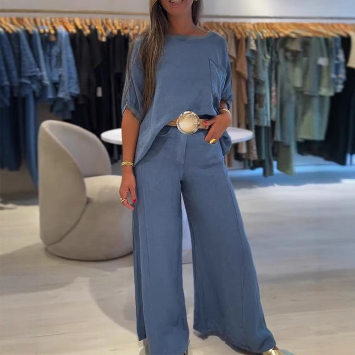 Women's casual linen blend two-piece set with boxy oversized top, patch pocket, and wide palazzo pants StylebySassy
