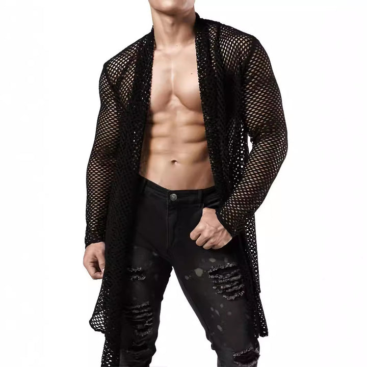 Men's longer crocheted net coat with open cut and figure-hugging fit StylebySassy