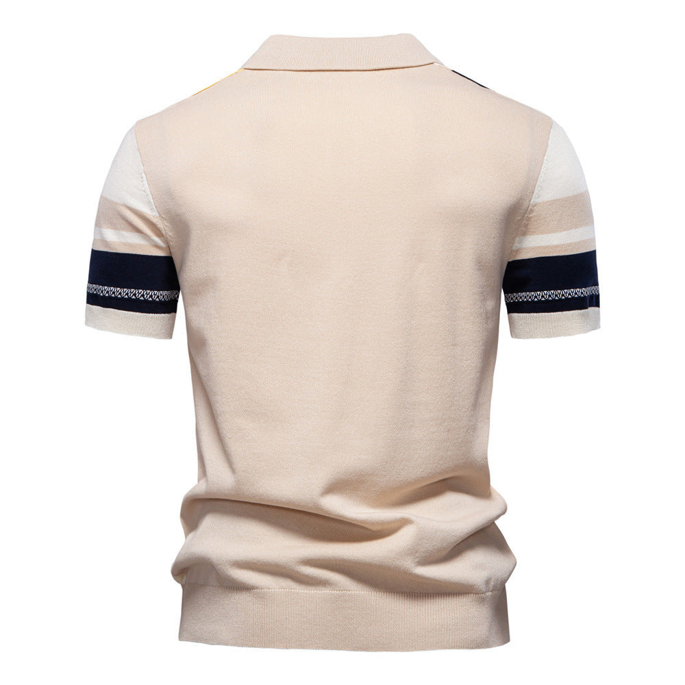 Men's retro-inspired knit polo with vertical intarsia structure and open kent collar StylebySassy