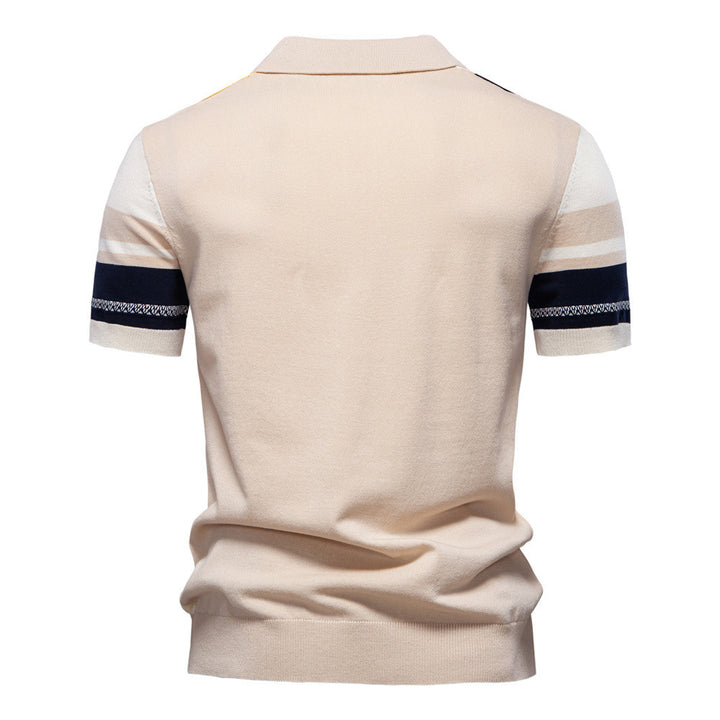 Men's retro-inspired knit polo with vertical intarsia structure and open kent collar StylebySassy