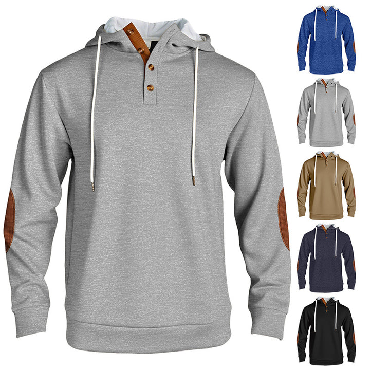 Men's hooded sweatshirt in a puristic leisure style with Henley button placket, contrasted hood interior, and elbow patches StylebySassy