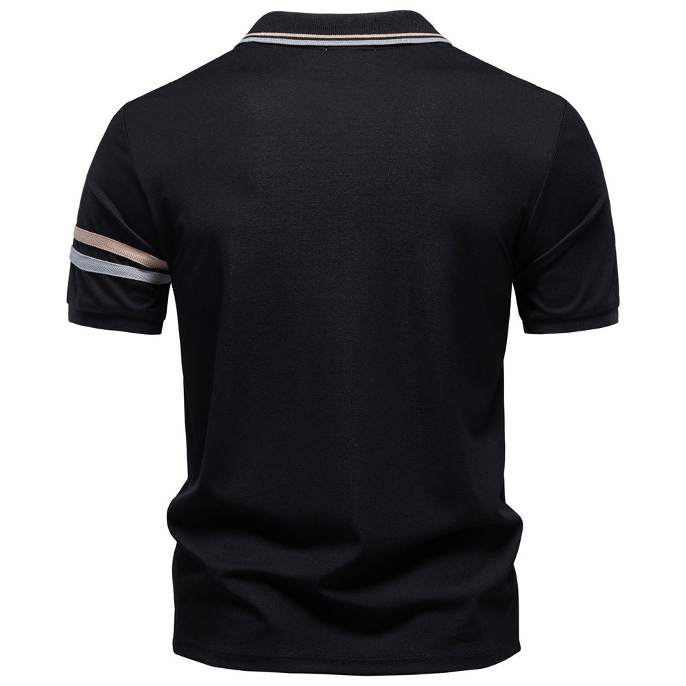Men's breathable elastic polo shirt with short zipper and contrast stripes on sleeves StylebySassy