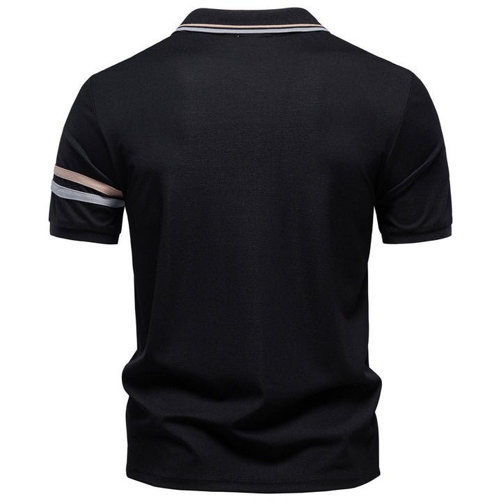 Men's breathable elastic polo shirt with short zipper and contrast stripes on sleeves StylebySassy