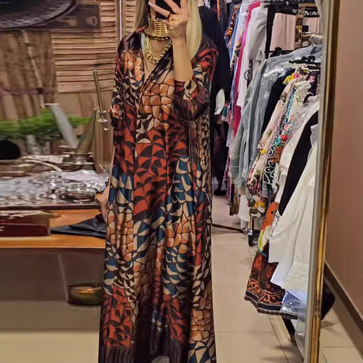 Women's flowing satin shirt dress with shirt collar, geometric mosaic print, and casual maxi length StylebySassy