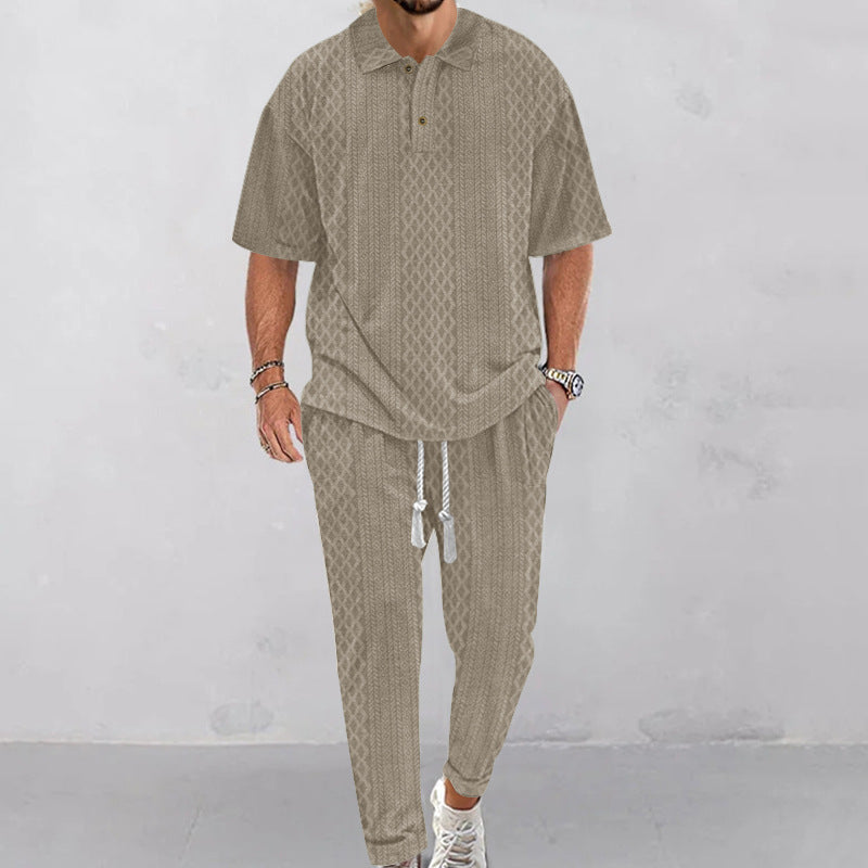 Men's jacquard loungewear set with polo collar, drawstring waistband, and tapered joggers StylebySassy