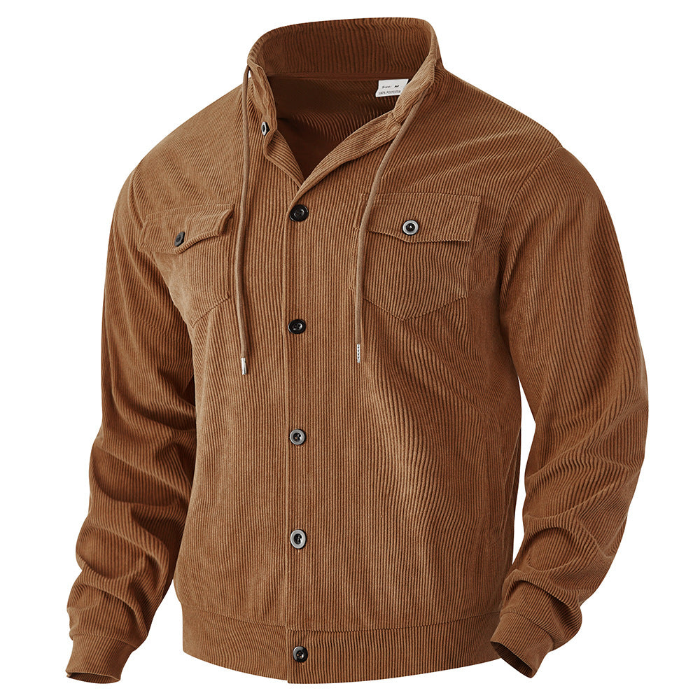 Men's ribbed transitional jacket in shirt style with stand-up collar, drawstring, and flap pockets StylebySassy