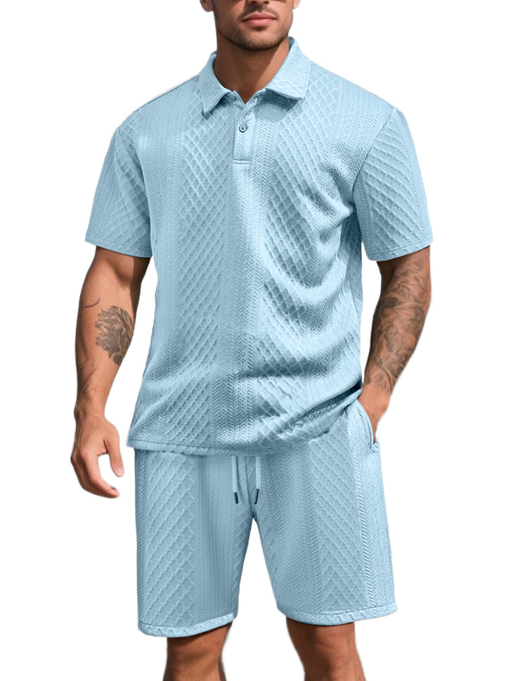 Men's three-dimensional relief leisure set with polo collar, concealed button placket and elastic drawstring shorts StylebySassy