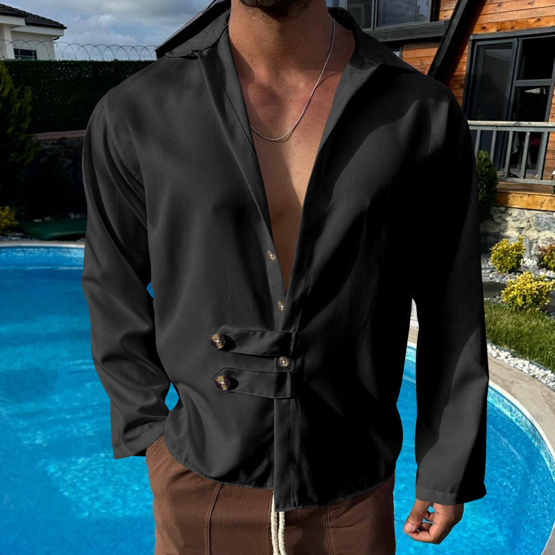 Men's modern long-sleeved shirt with deep neckline and asymmetrical strap look StylebySassy