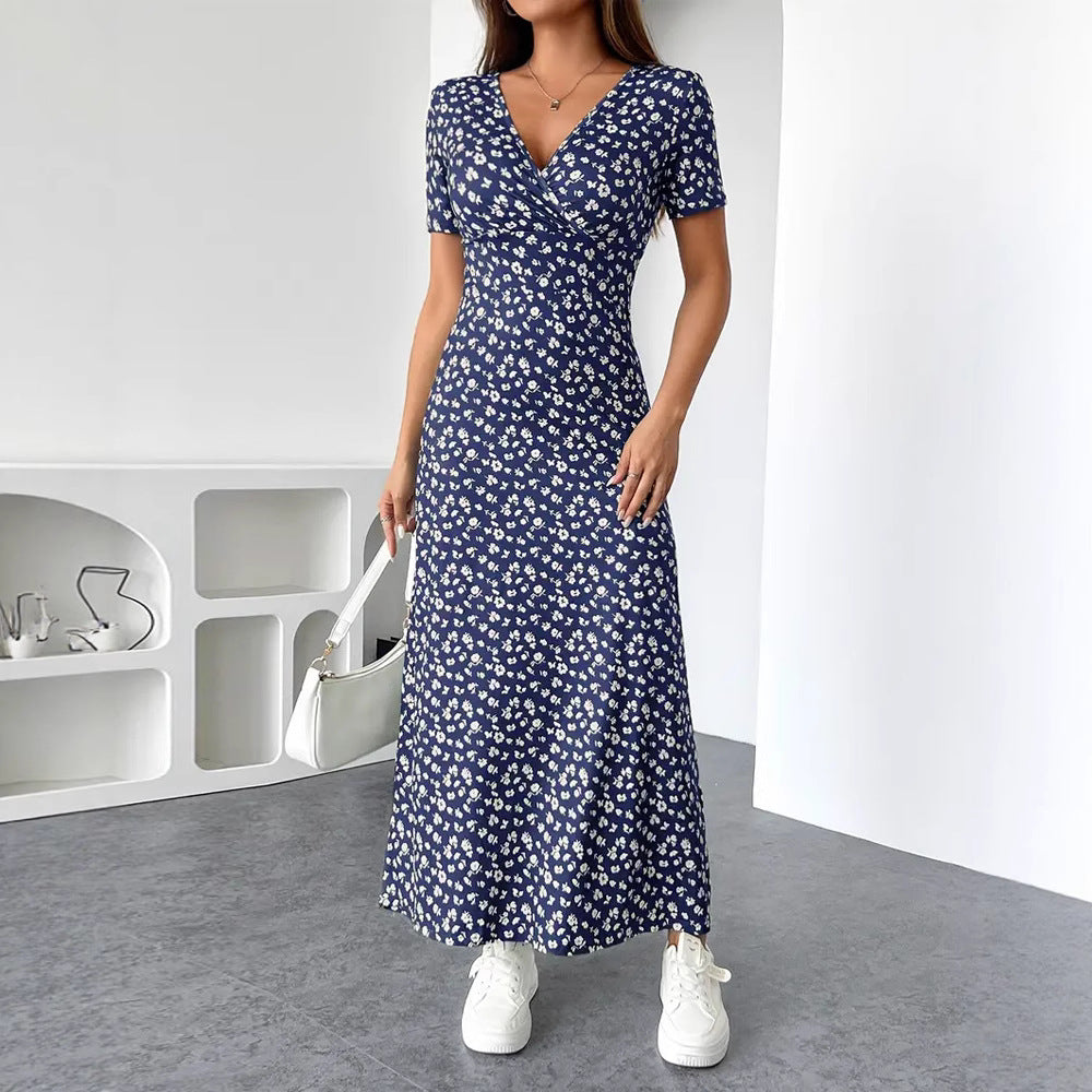 Women nan tailored V-neck wrap maxi dress made of viscose jersey with short sleeves and A-line hem StylebySassy