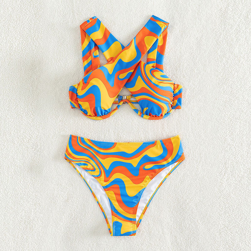 Women's bikini set with innovative racerback design and colorful pattern StylebySassy