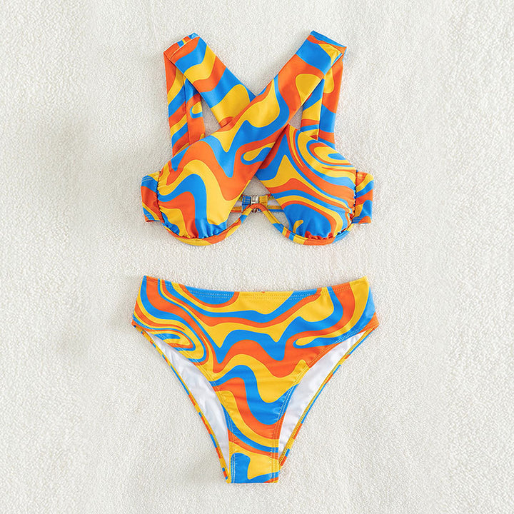 Women's bikini set with innovative racerback design and colorful pattern StylebySassy