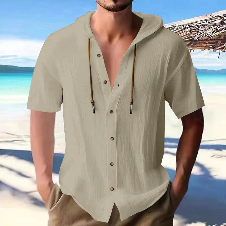 Men's lightweight short-sleeve hooded shirt with button placket and breathable cotton blend StylebySassy
