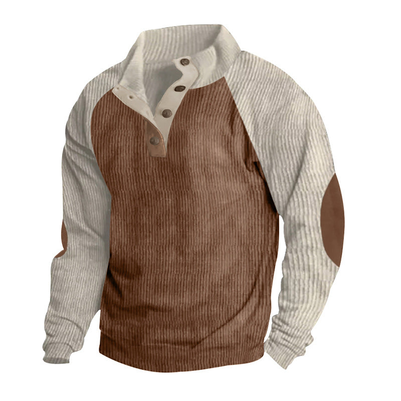 Men's corduroy half-button pullover with high collar, raglan sleeves and elbow patches StylebySassy
