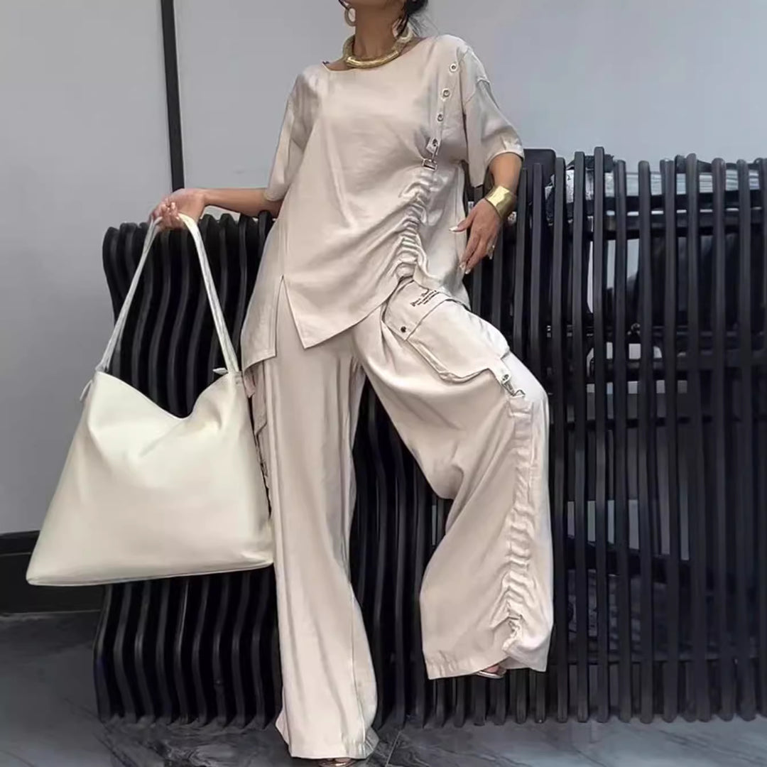 Women's casual two-piece ensemble with ruffled oversized blouse and cargo palazzo pants StylebySassy