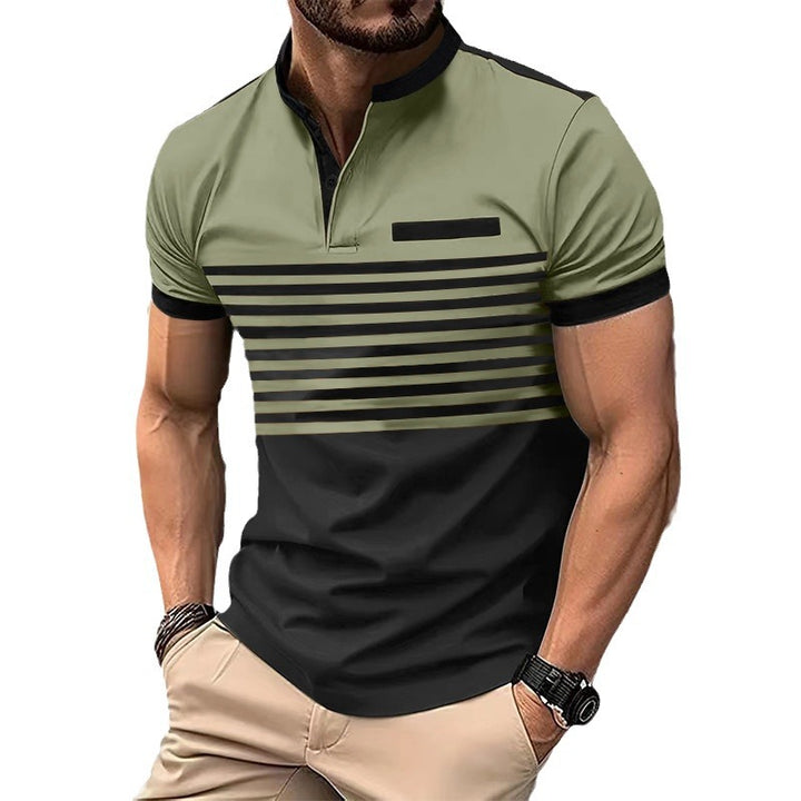 Men's short-sleeved striped short-sleeve shirt with button placket, stand-up collar and chest piping StylebySassy