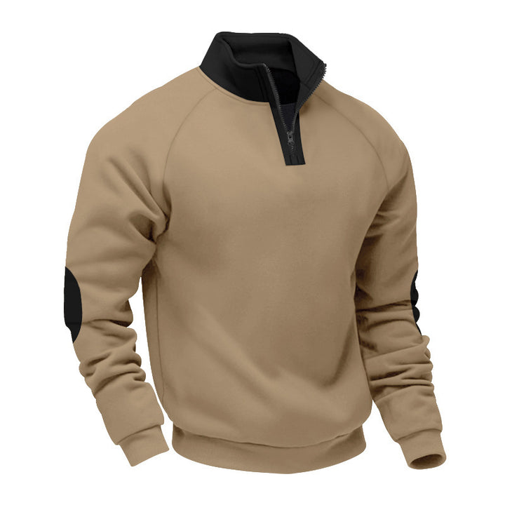 Men's half-zip fleece pullover with stand-up collar raglan sleeves and elbow patches StylebySassy