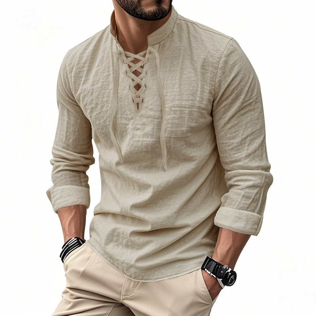 Men's casual sailor-style shirt with stand collar and lace-up front StylebySassy