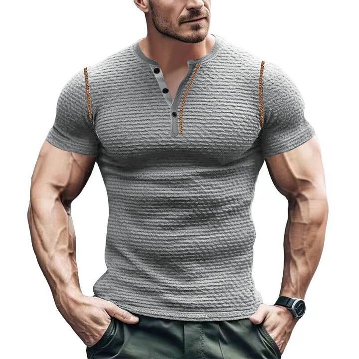 Men's structured short-sleeve henley with three-dimensional relief structure, reinforced button placket, and contrast piping StylebySassy