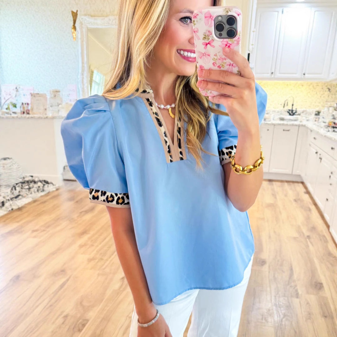 Women's airy blouse with puff sleeves V-neck and leopard trim StylebySassy