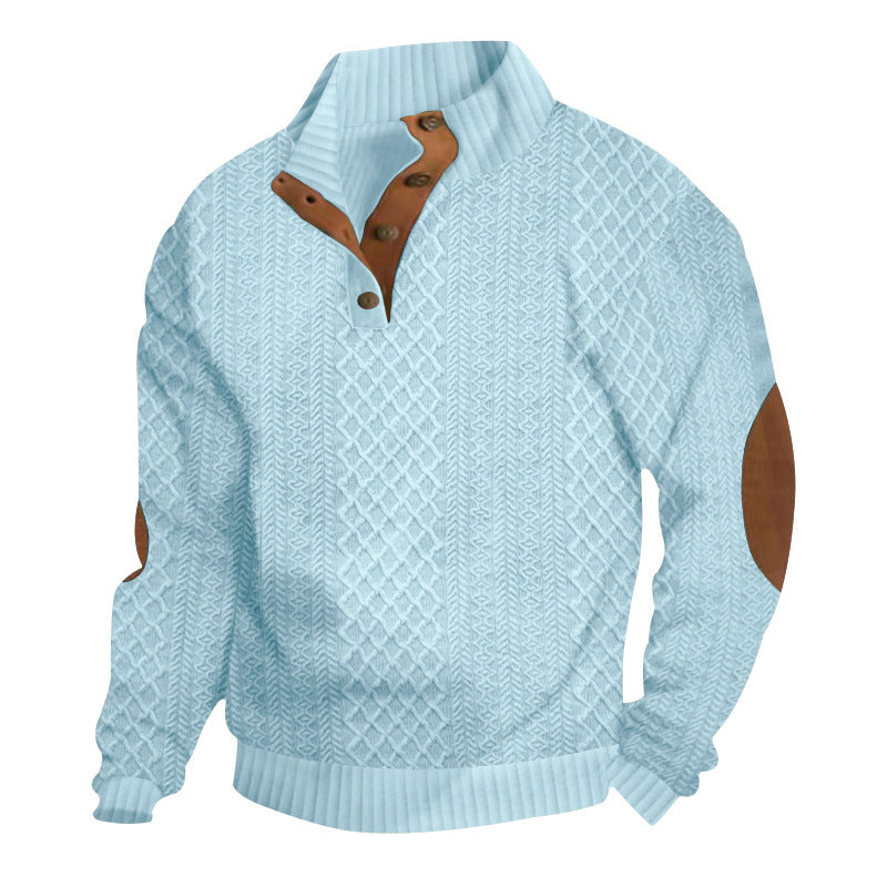 Men's upscale knit sweater with diamond pattern, high ribbed collar, buttoned placket, and leather trim on elbow. StylebySassy