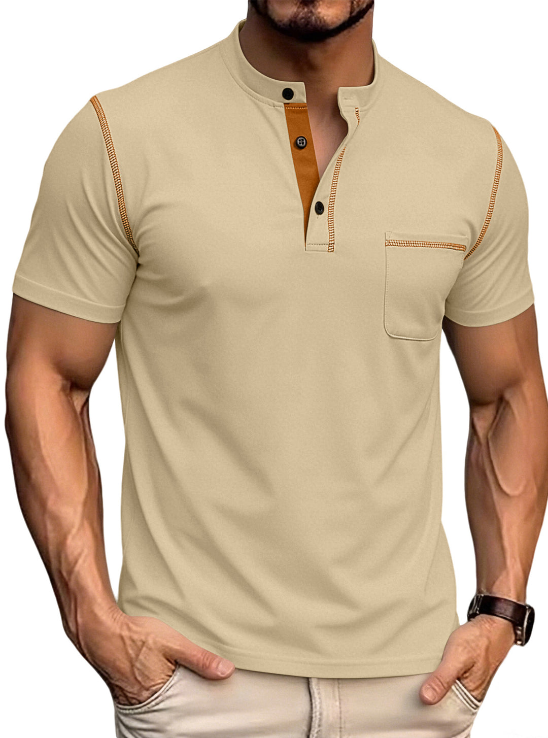 Men's short-sleeved Henley shirt with stand-up collar, chest pocket, and contrasting decorative stitching StylebySassy
