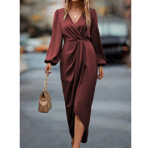 Women's tailored draped midi dress with V-neck, gathering, balloon sleeves, and side wrap slit StylebySassy