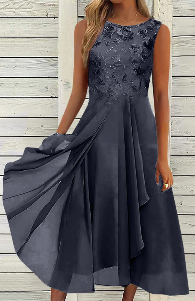 Women’s sleeveless chiffon midi dress with embroidered bodice and asymmetric layered skirt StylebySassy