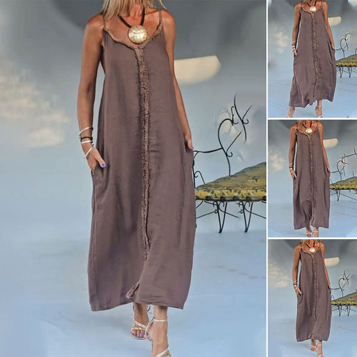 Women's airy linen-look maxi strap dress with fringed center seam and inset pockets StylebySassy