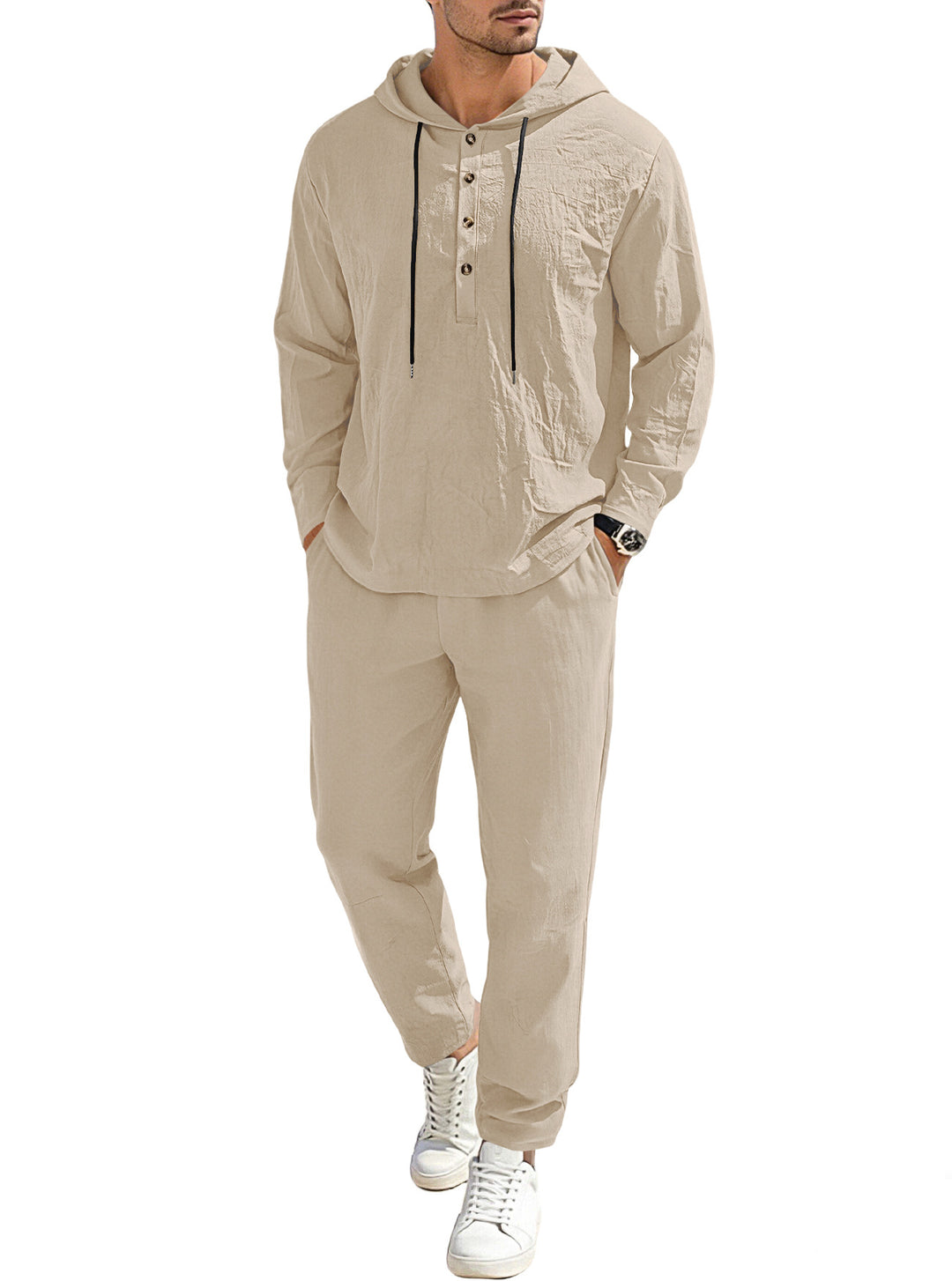 Men's relaxed hoodie Henley leisure suit made of lightweight cotton blend with linen look, featuring drawstring and elastic waistband pants StylebySassy