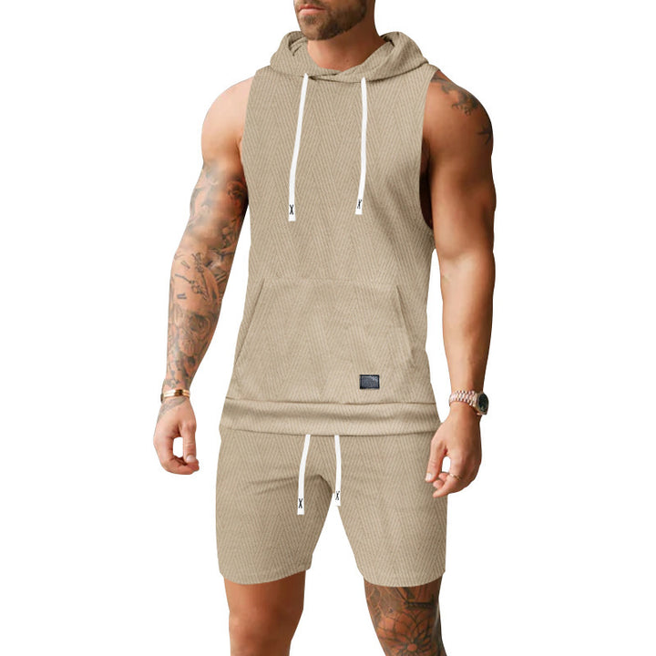Men's sleeveless hoodie vest set made of textured cotton blend with kangaroo pocket and drawstring shorts StylebySassy
