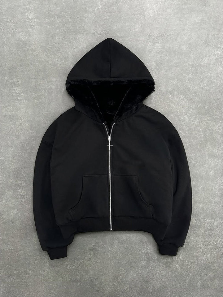 Women's short hooded jacket with faux fur lining, zipper and kangaroo pocket StylebySassy