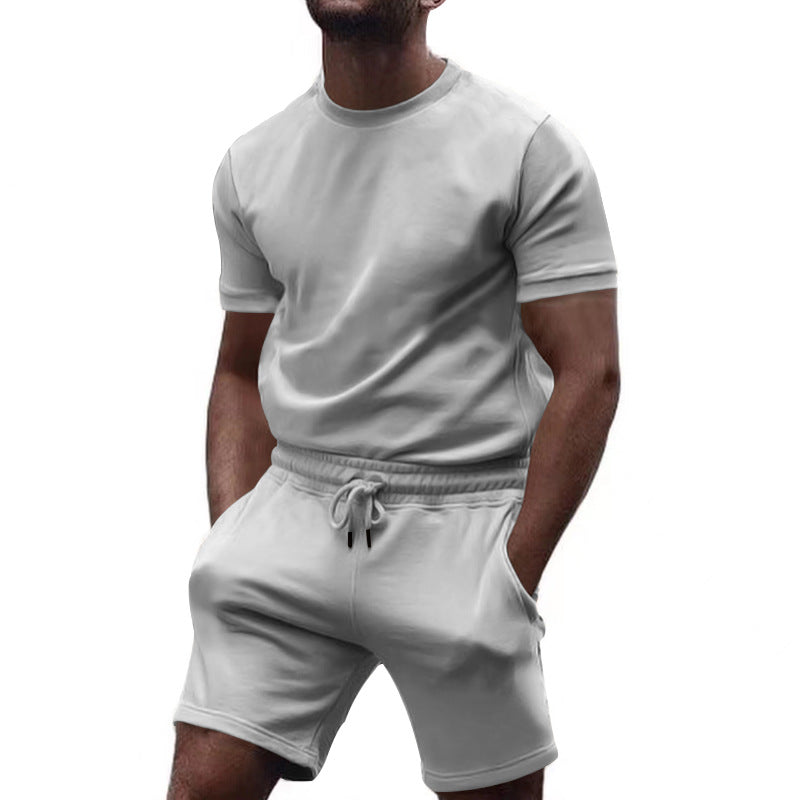 Men's minimalist jersey ensemble with comfortable round neck shirt and elastic drawstring shorts StylebySassy